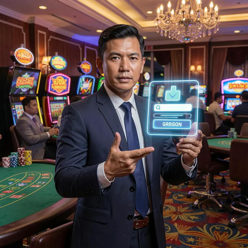 Modern Malaysian casino dealer pointing toward a glowing holographic login button representing trusted access to JUS22 online casino